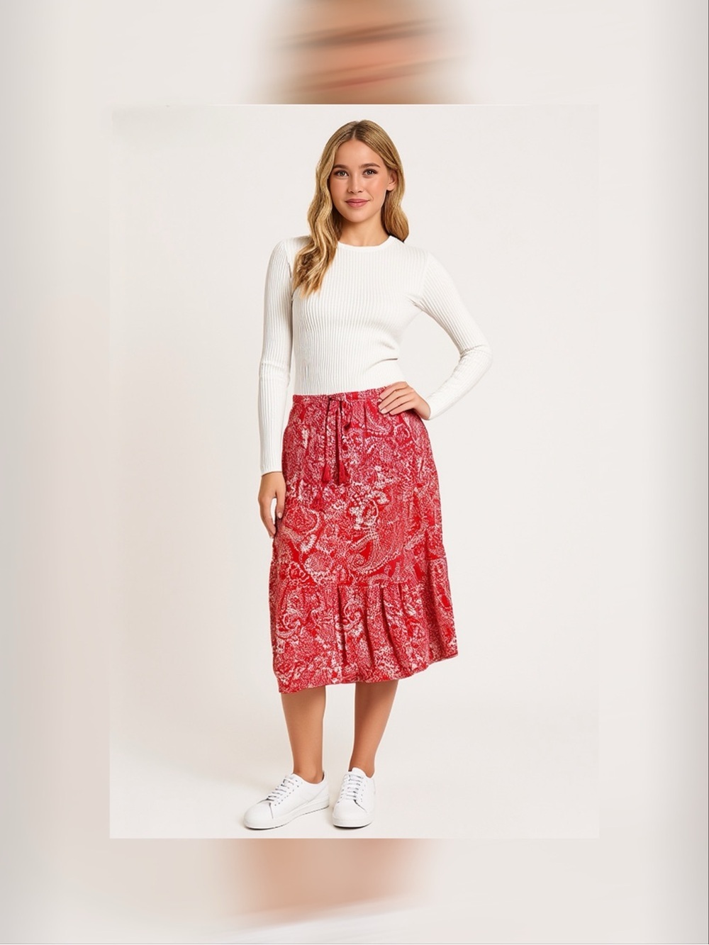 Joe Fresh Red Paisley Floral Tassel Midi Skirt Small Boho